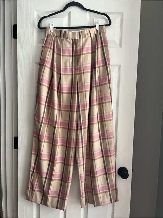 COS Pants - NWT COS High Rise Wide Leg Wool Blend Adjustable Waist Pink Plaid Trousers Sz 8